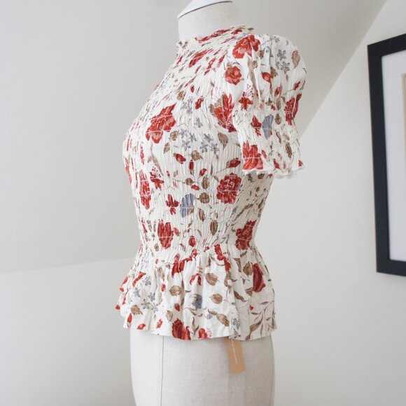 Reformation Aggie Magnolia Puff Sleeve Smocked Peplum Top Size Small NWT - Picture 6 of 16